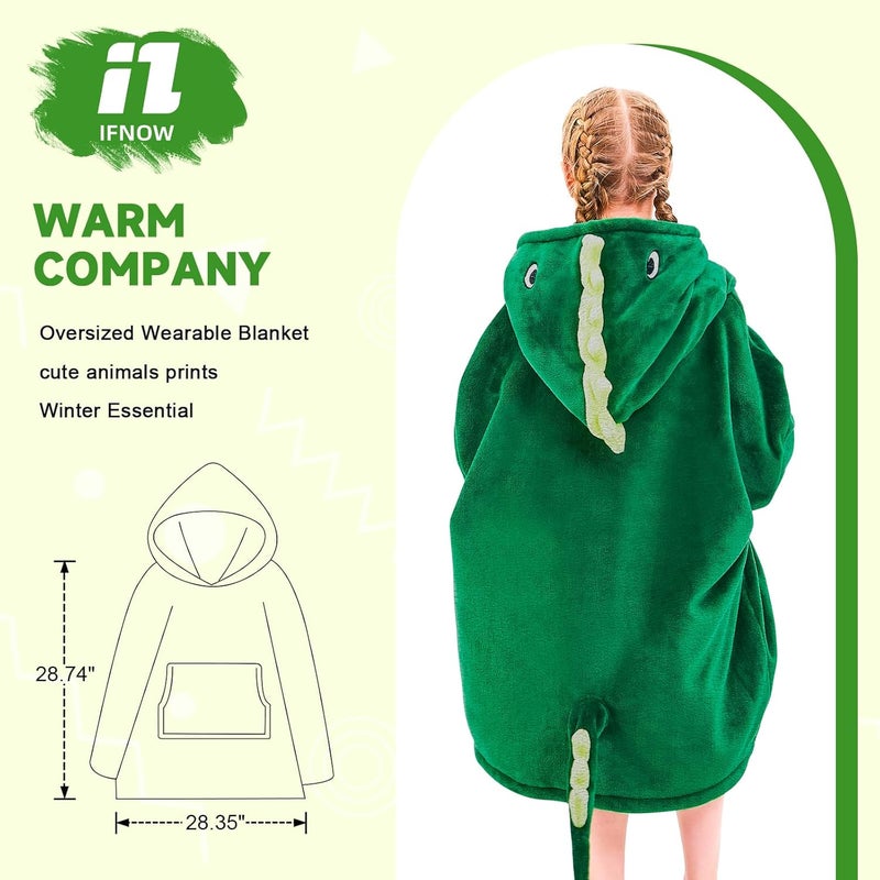 IFNOW Wearable Blanket Hoodie for Kids, Oversized Warm Cozy Teen Sweatshirt with Portable Foldable Blanket Pillow for Boys Girls, Cuffs with Animal Embroidery, (5-15 Years) Dino - Image 2