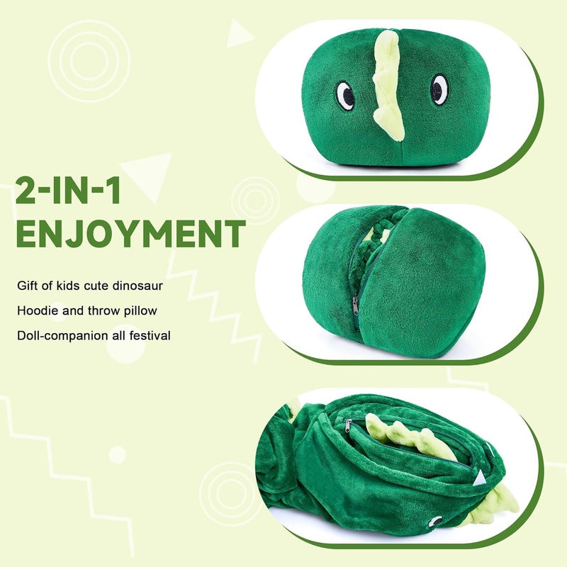 IFNOW Wearable Blanket Hoodie for Kids, Oversized Warm Cozy Teen Sweatshirt with Portable Foldable Blanket Pillow for Boys Girls, Cuffs with Animal Embroidery, (5-15 Years) Dino - Image 5