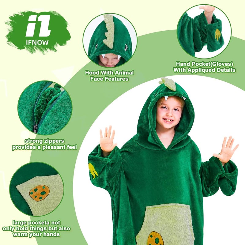 IFNOW Wearable Blanket Hoodie for Kids, Oversized Warm Cozy Teen Sweatshirt with Portable Foldable Blanket Pillow for Boys Girls, Cuffs with Animal Embroidery, (5-15 Years) Dino - Image 3