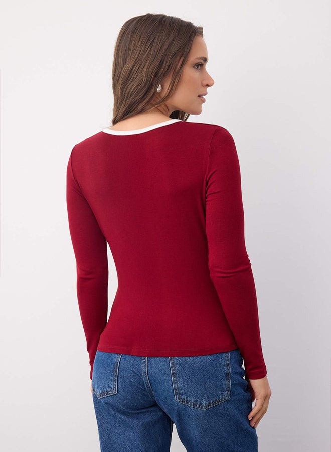 Trendyolmilla Wardrobe Essentials – Burgundy Color Block Button Knitted Blouse | Twoaw26Bz00004 - Image 4