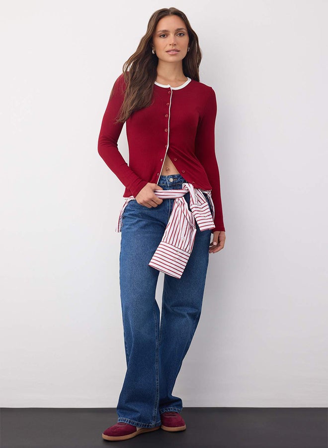 Trendyolmilla Wardrobe Essentials – Burgundy Color Block Button Knitted Blouse | Twoaw26Bz00004 - Image 2
