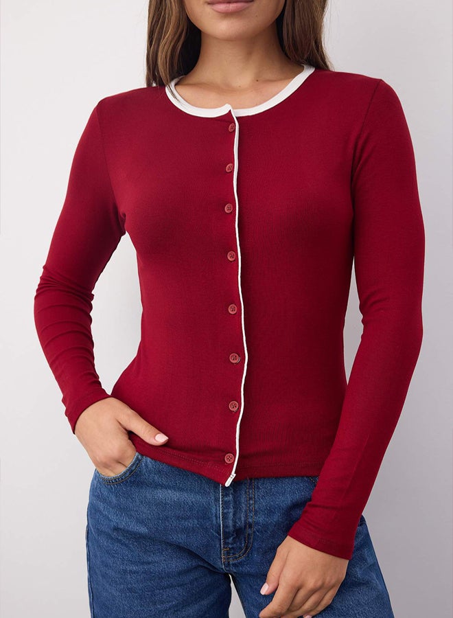 Trendyolmilla Wardrobe Essentials – Burgundy Color Block Button Knitted Blouse | Twoaw26Bz00004 - Image 3