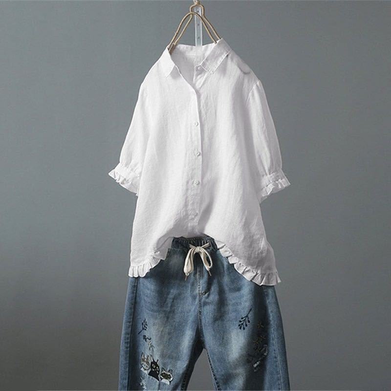 Women's Cotton Linen Short Sleeve Blouse - Image 4
