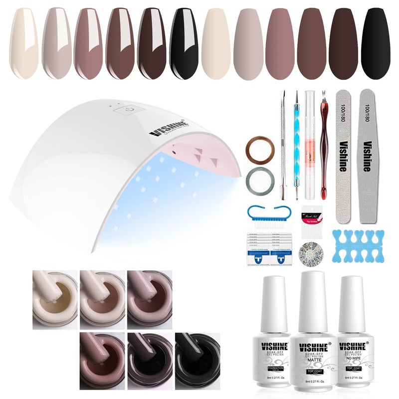 Vishine Gel Nail Polish Starter Kit, 36W LED Nail Dryer Lamp Base Top Coat 6 Classic Colors Nail File Manicure Tools Matte Top Coat for Nail Art #02 - Image 2