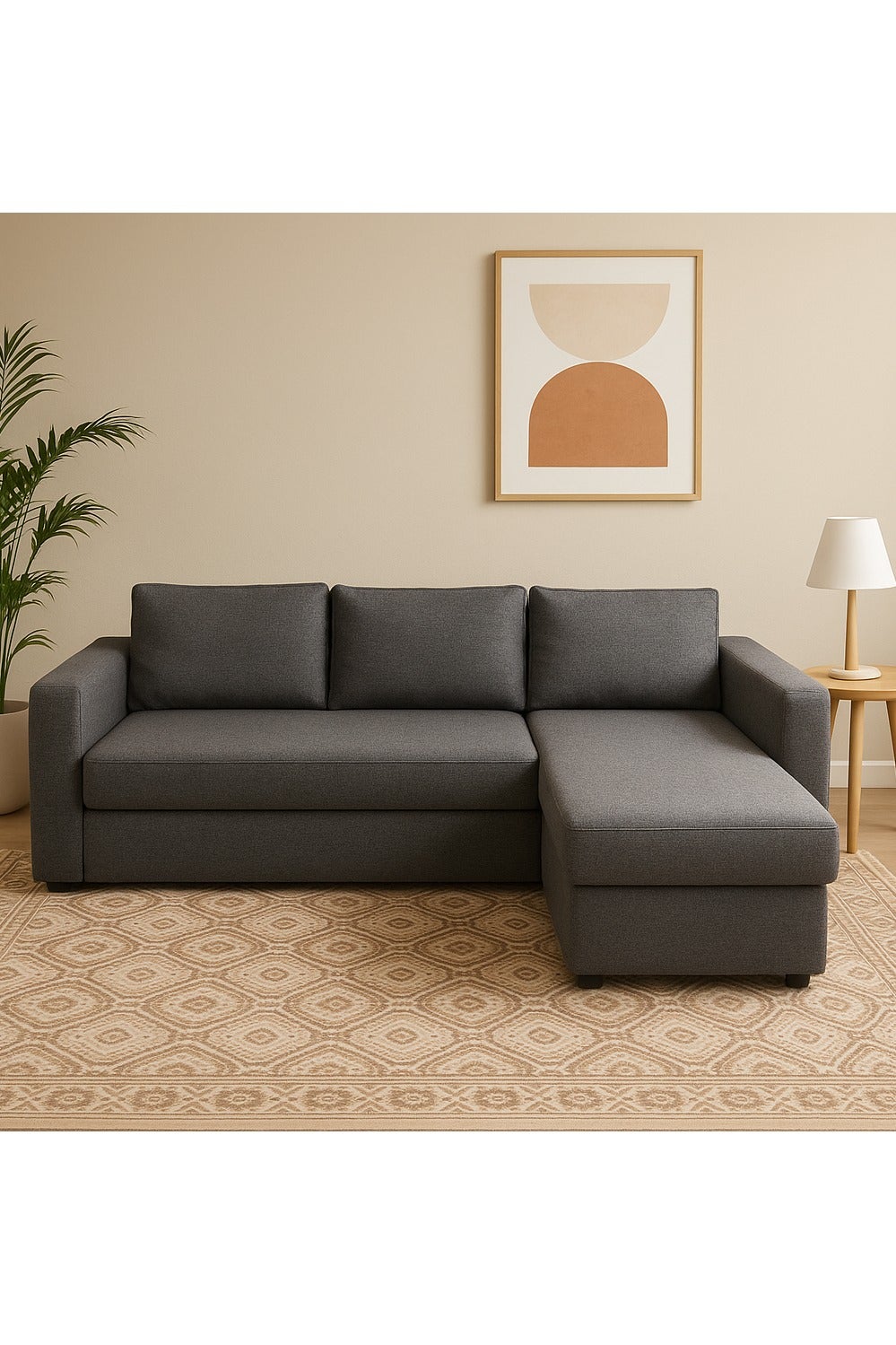 Modern L-Shape Sofa Bed with Storage – Convertible Pull-Out Sleeper Couch with Chaise Lounge – Space-Saving Design, Dark Grey Fabric Upholstery
