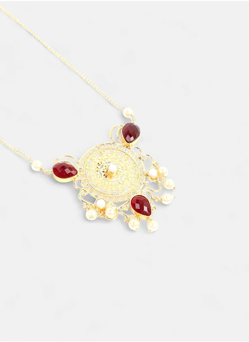 SOHI The Amani Ruby Studded & Beaded Long Necklace