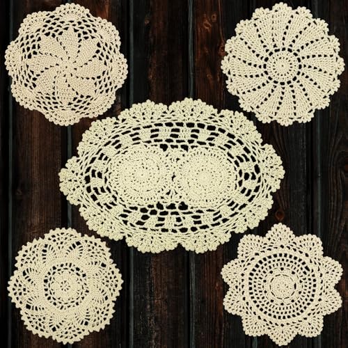 HaoTuJoho 5 Piece 7 to 14 Inch Handmade Crochet Cotton Lace Doilies for Table, Beige - Image 1