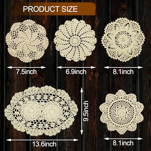 HaoTuJoho 5 Piece 7 to 14 Inch Handmade Crochet Cotton Lace Doilies for Table, Beige - Image 2