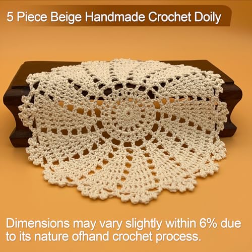 HaoTuJoho 5 Piece 7 to 14 Inch Handmade Crochet Cotton Lace Doilies for Table, Beige - Image 3