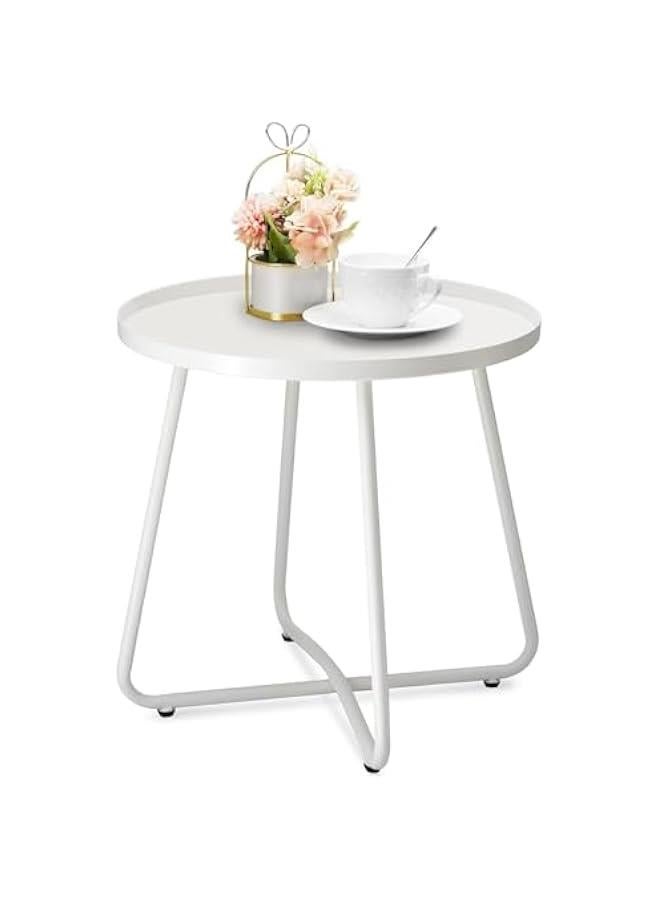 هوكور طاولات جانبية خارجية من تراسل، طاولة جانبية من الستيل المقاوم للعوامل الجوية، طاولة جانبية صغيرة مستديرة للاماكن الخارجية، طاولة جانبية معدنية للفناء والشرفة والحديقة وجانب السرير (ابيض)، ستانلس ستي - Image 1