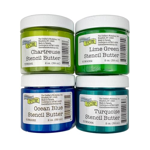 The Crafter's Workshop Stencil Butter - Caribbean Sea Acrylic Paint Set - Boutique Metallic Texture Paste for Art, Canvas, Journals, & Cards - 4 x 2oz Jars - Image 1