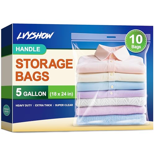 LVYSHOW 5 Gallon Extra Large Zipper Bag, 18” x 24” Clear Plastic Storage Bag with Handle for Clothes, Moving, Travel, 2mil Thick, 10pcs - Image 1