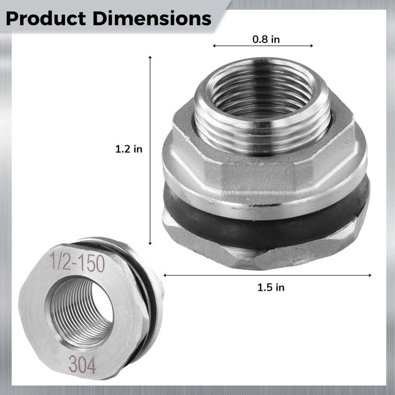Bulkhead Water Tank Connectors, 2-Pack Stainless Steel Fittings For Aquariums, Rain Barrels, And, - Image 3