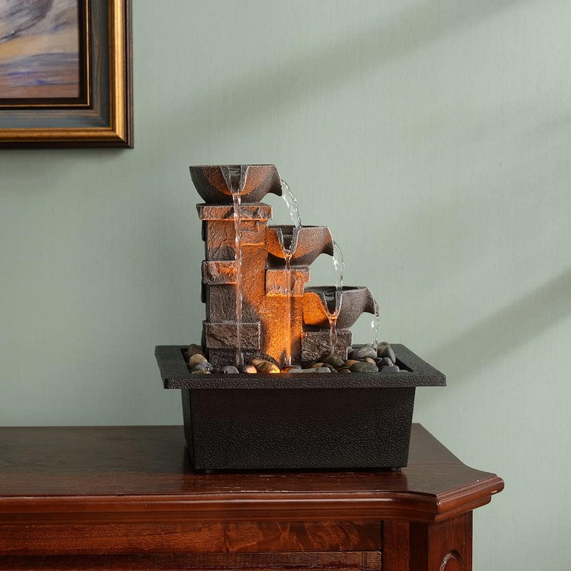 GOSSI Home DÃ©cor Imitation 3-Tier Stone Wall Tabletop Fountain Many Natural River Rock Office Relaxing Desktop Zen Waterfall Meditation Tabletop Fountain LED Lights Fountain Christmas Decorations - Image 3