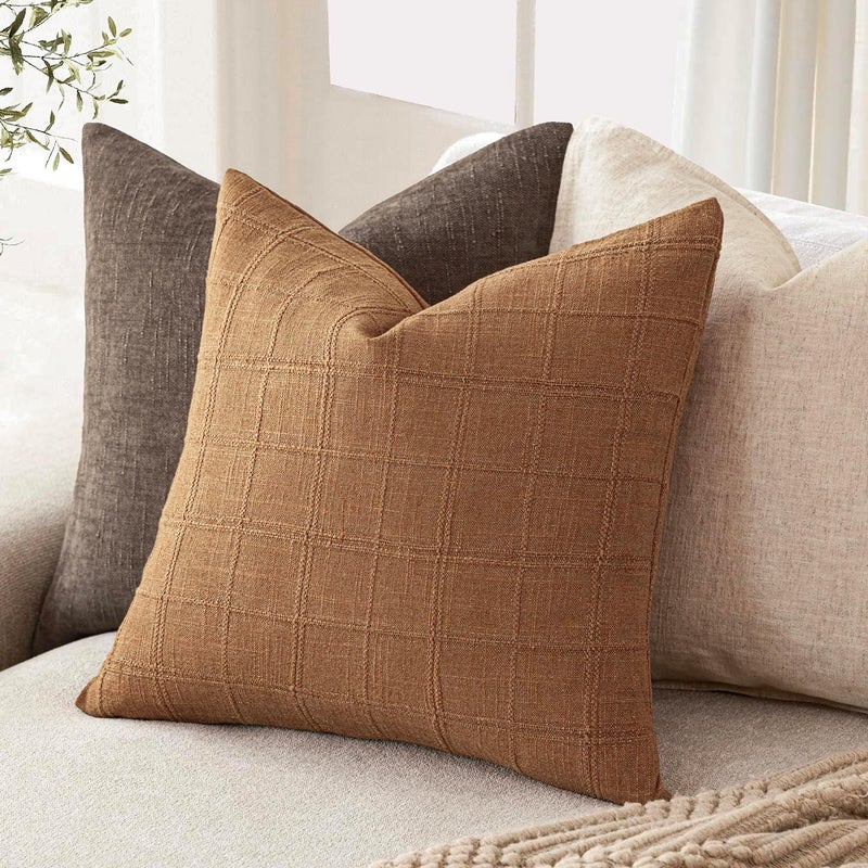Foindtower Set of 1 Decorative Linen Check Throw Pillow Cover Neutral Farmhouse Vintage Cushion Cover Modern Boho Home Decor for Sofa Chair Couch Bedroom Living Room,16×16 Inch,Brick - Image 5