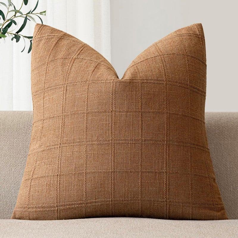 Foindtower Set of 1 Decorative Linen Check Throw Pillow Cover Neutral Farmhouse Vintage Cushion Cover Modern Boho Home Decor for Sofa Chair Couch Bedroom Living Room,16×16 Inch,Brick - Image 1