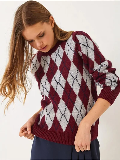 Bianco Lucci LUCCI Baklava Pattern Crew Neck Knitted Sweater