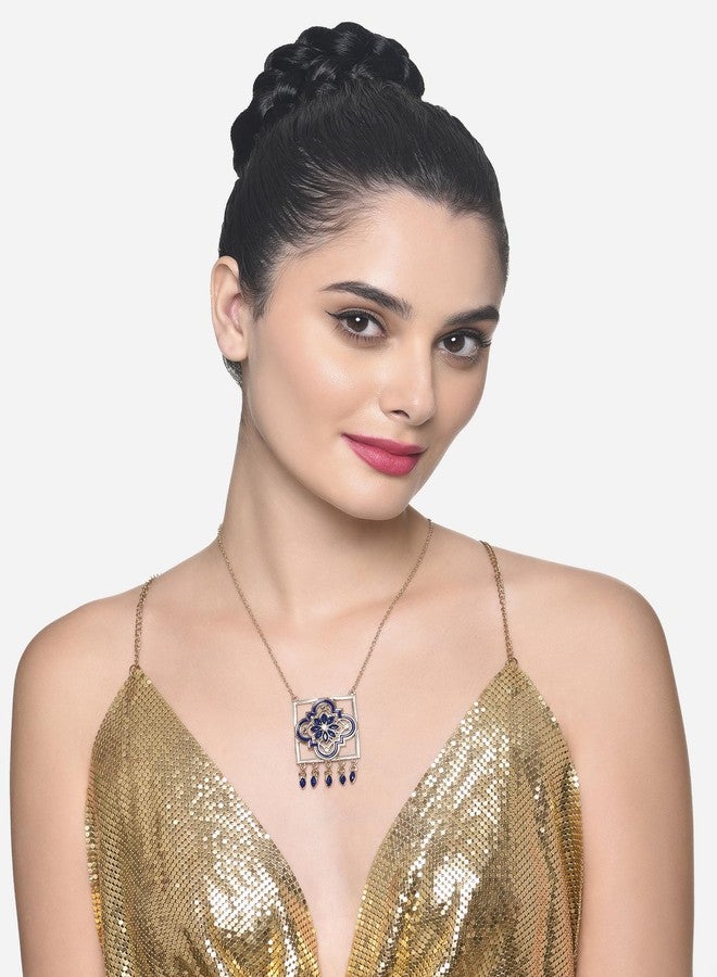 Ami Blue Enamel Dazzling Stones Embellished Statement Pendant and Chain For Women-ZPFK20429 - Image 5