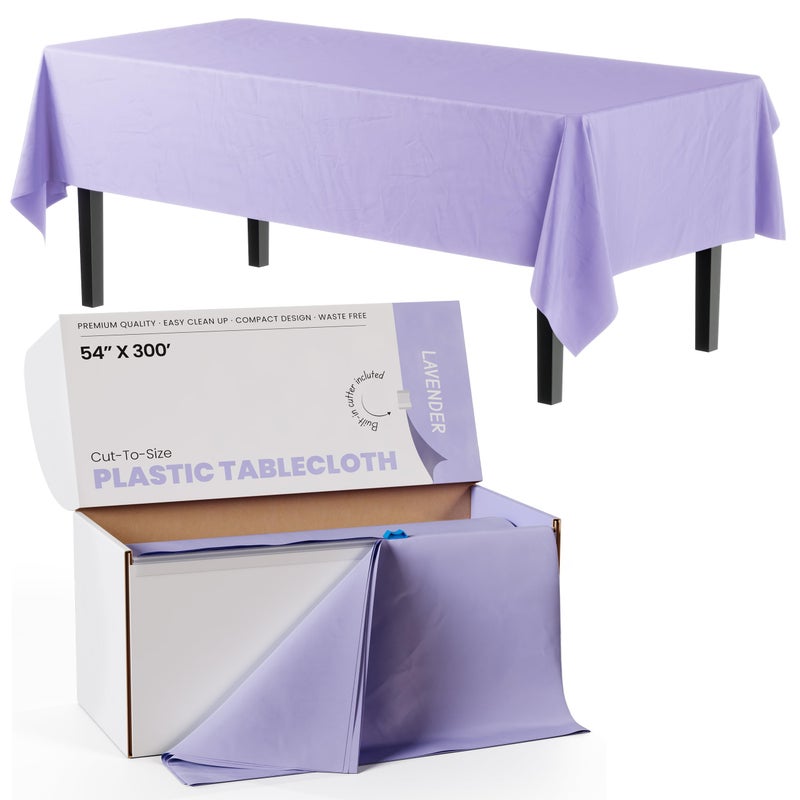 Party Solids Exquisite Party Solids 54 Inch X 300 Feet Lavender Plastic Table Cover Roll in A Cut  to  Size Box with Convenient Slide Cutter Cuts Up to 36 Rectangle 8 Feet Plastic Disposable Tablecloths