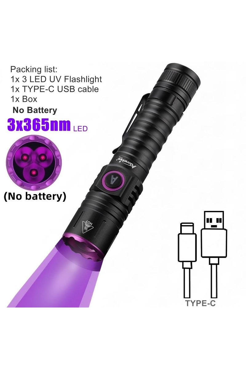 18650 black 3x365nm No Battery 15W High power UV 395/365nm USB Rechargeable Flashlight Cat Dog Urine