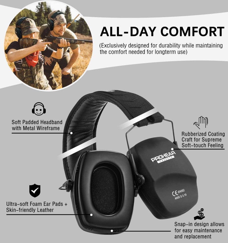 PROHEAR 016 Ear Protection Safety Earmuffs for Shooting, NRR 26dB Noise Reduction Slim Passive Hearing Protector with Low-Profile Earcups, Compact Foldable Ear Defenders for Gun Range, Hunting (Black) - Image 4