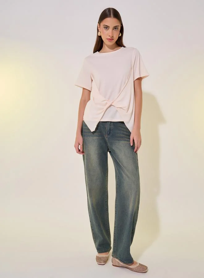 Take Two Solid Round Neck Front Twist Detail T-Shirt