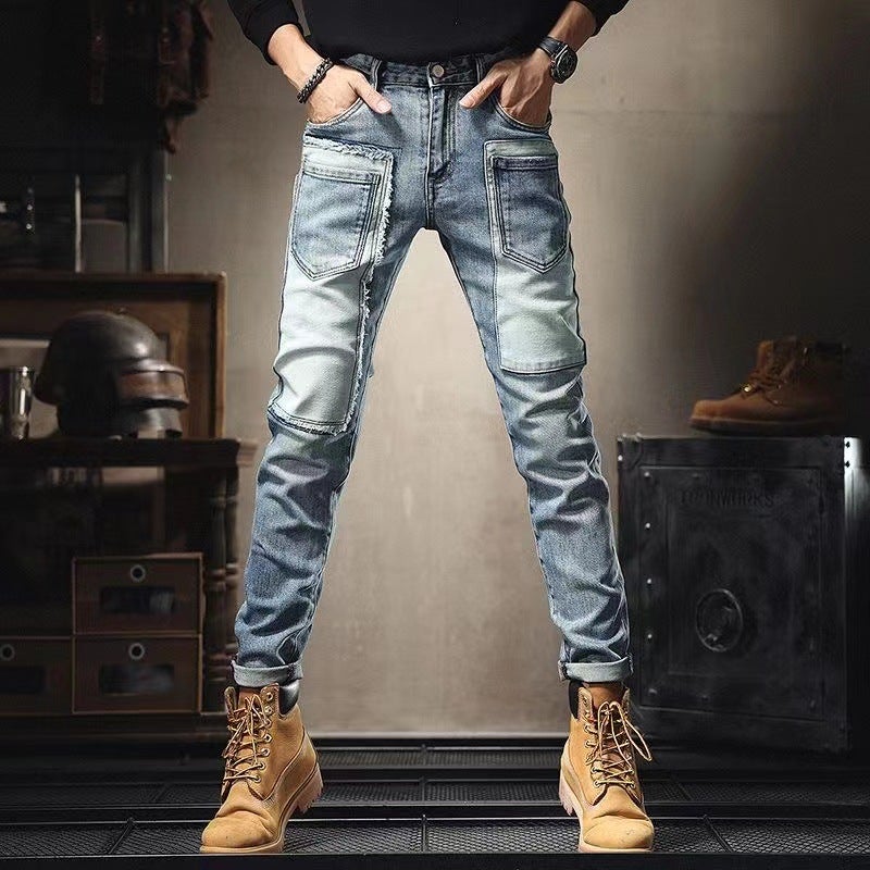 Trendy Patched Skinny Jeans for Men with Pockets light blue 6655 Pants 