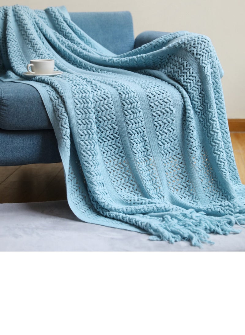 Loquat Solid Color Tassel Design Hollowed Knitted Soft Throw Blanket Blue  - Image 1