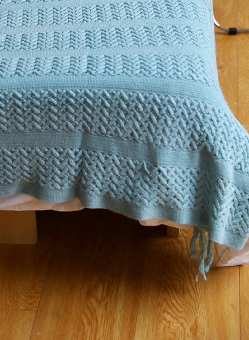 Loquat Solid Color Tassel Design Hollowed Knitted Soft Throw Blanket Blue  - Image 2