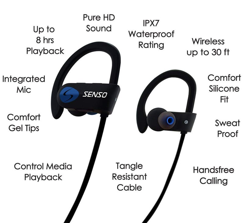 Senso Bluetooth Headphones, Best Wireless Sports Earphones w/Mic IPX7 Waterproof HD Stereo Sweatproof Earbuds for Gym Running Workout 8 Hour Battery Noise Cancelling Headsets (Black Blue) - Image 4
