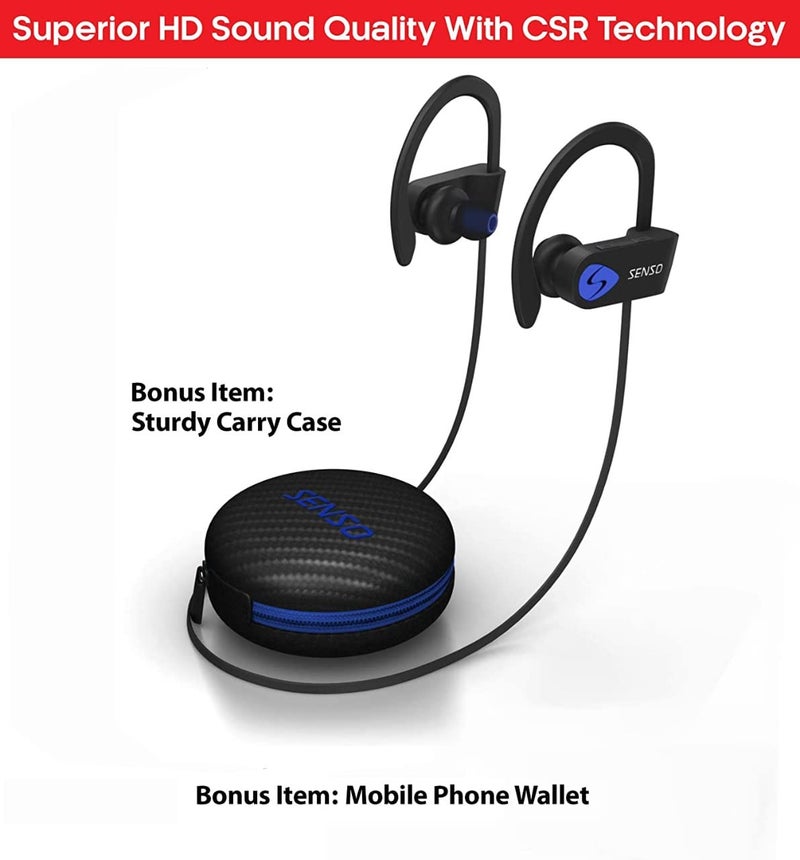 Senso Bluetooth Headphones, Best Wireless Sports Earphones w/Mic IPX7 Waterproof HD Stereo Sweatproof Earbuds for Gym Running Workout 8 Hour Battery Noise Cancelling Headsets (Black Blue) - Image 2