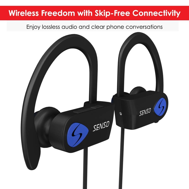 Senso Bluetooth Headphones, Best Wireless Sports Earphones w/Mic IPX7 Waterproof HD Stereo Sweatproof Earbuds for Gym Running Workout 8 Hour Battery Noise Cancelling Headsets (Black Blue) - Image 3