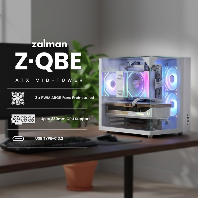 ZALMAN صندوق كمبيوتر Zalman ZQBE ATX Mid Tower، 3 مراوح PWM ARGB مع وحدة تحكم RGB متعددة المنافذ، USB Type-C 3.2، دعم مبرد 240mm، لوحات زجاجية مقسّاة بانورامية كاملة العرض، أبيض - Image 3