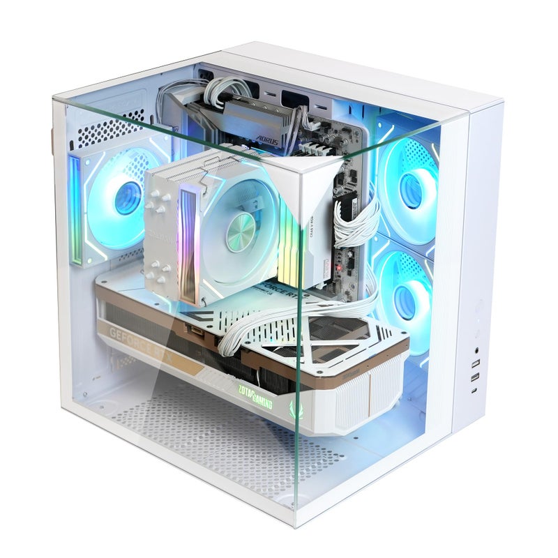 ZALMAN صندوق كمبيوتر Zalman ZQBE ATX Mid Tower، 3 مراوح PWM ARGB مع وحدة تحكم RGB متعددة المنافذ، USB Type-C 3.2، دعم مبرد 240mm، لوحات زجاجية مقسّاة بانورامية كاملة العرض، أبيض - Image 1
