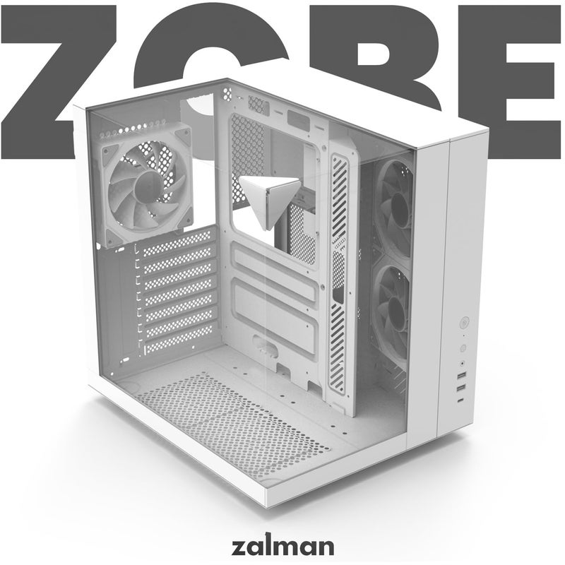 ZALMAN صندوق كمبيوتر Zalman ZQBE ATX Mid Tower، 3 مراوح PWM ARGB مع وحدة تحكم RGB متعددة المنافذ، USB Type-C 3.2، دعم مبرد 240mm، لوحات زجاجية مقسّاة بانورامية كاملة العرض، أبيض - Image 4