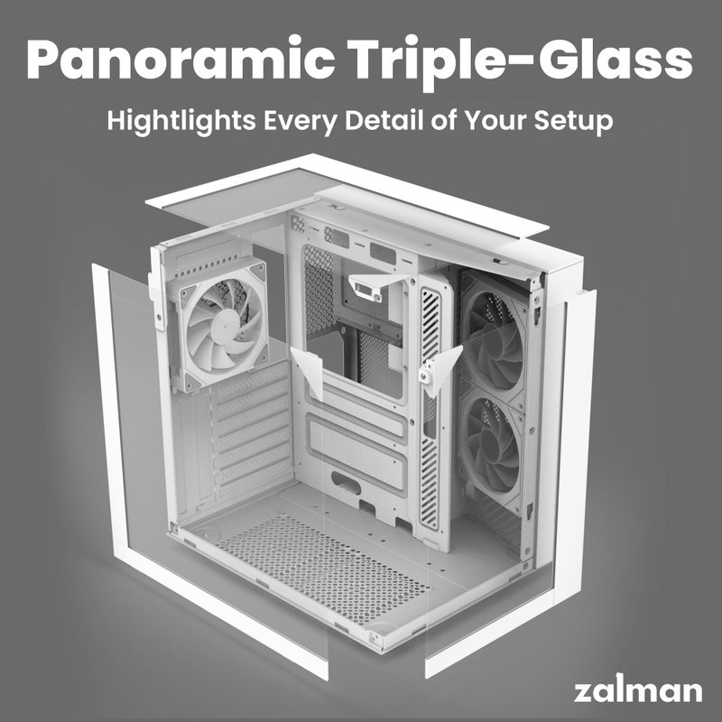 ZALMAN صندوق كمبيوتر Zalman ZQBE ATX Mid Tower، 3 مراوح PWM ARGB مع وحدة تحكم RGB متعددة المنافذ، USB Type-C 3.2، دعم مبرد 240mm، لوحات زجاجية مقسّاة بانورامية كاملة العرض، أبيض - Image 5