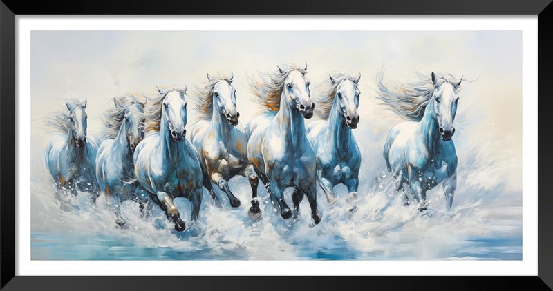 Canvas pe 7 Running horses vastu painting Blessing white horse abstract picture laminated coated photo frame modern artwork for living office decor 14x26 inch gift Item synthetic wood - Image 1