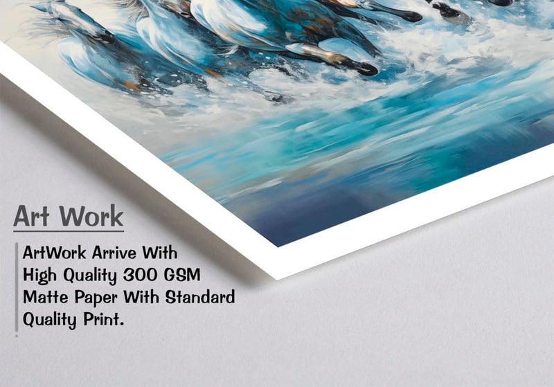 Canvas pe 7 Running horses vastu painting Blessing white horse abstract picture laminated coated photo frame modern artwork for living office decor 14x26 inch gift Item synthetic wood - Image 4