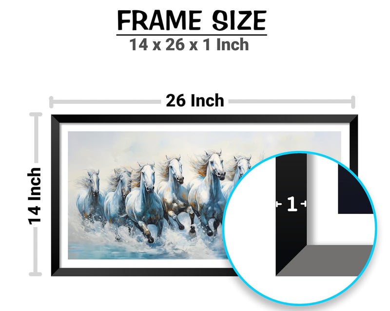 Canvas pe 7 Running horses vastu painting Blessing white horse abstract picture laminated coated photo frame modern artwork for living office decor 14x26 inch gift Item synthetic wood - Image 3