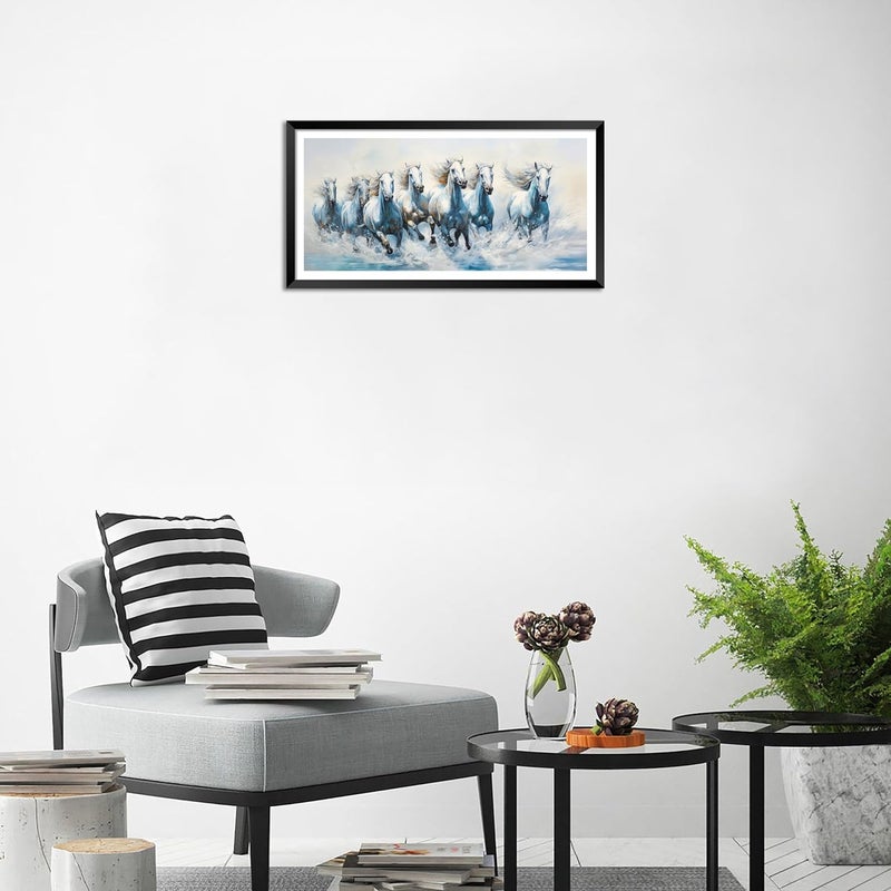 Canvas pe 7 Running horses vastu painting Blessing white horse abstract picture laminated coated photo frame modern artwork for living office decor 14x26 inch gift Item synthetic wood - Image 2