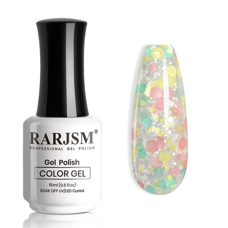 RARJSM Glitter Gel Nail Polish Pink Yellow Green Patel Spring Summer Color Big Flakes Gel Polish Sparkly Chunky Clear Shimmer Pigments Soak off Led UV Curing Required for Home Salon Manicure 15ml - Image 1