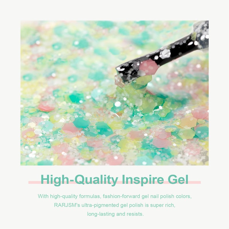 RARJSM Glitter Gel Nail Polish Pink Yellow Green Patel Spring Summer Color Big Flakes Gel Polish Sparkly Chunky Clear Shimmer Pigments Soak off Led UV Curing Required for Home Salon Manicure 15ml - Image 4
