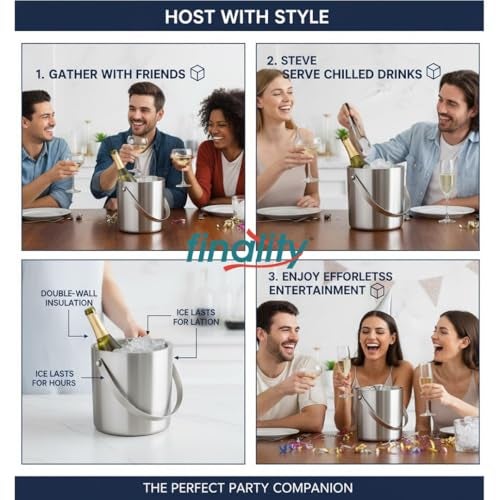 FINALITY 1 Ltr Double Walled Stainless Steel Insulated Ice Bucket with Lid (Silver) - Image 5