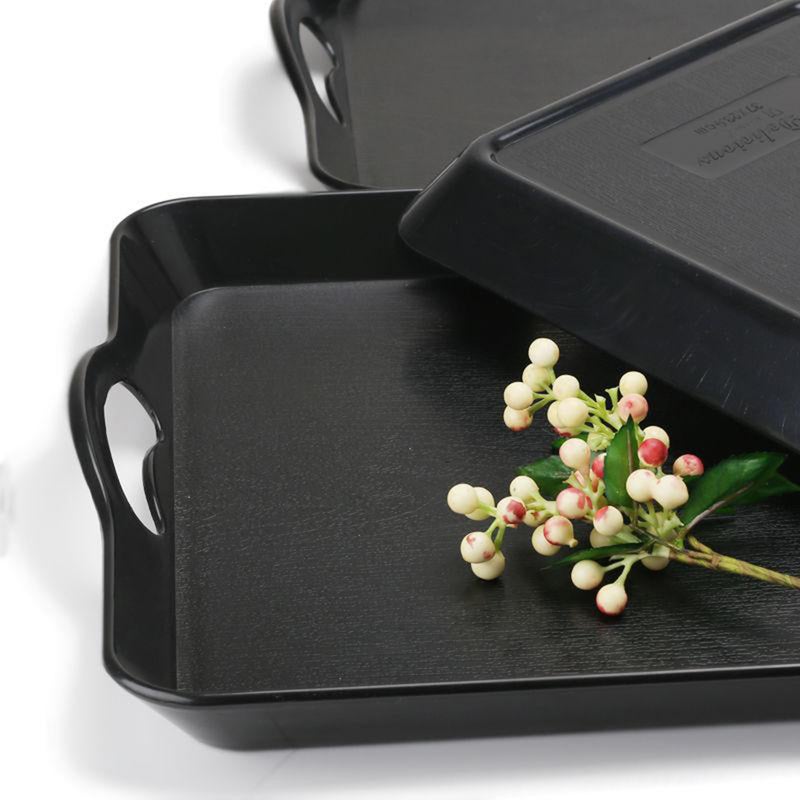 2PCS Serving Tray Rectangular Non Tray Multifunctional Fruit Bread Cake Tray with Handle for Kitchen Restaurant (Black/White) - Image 2