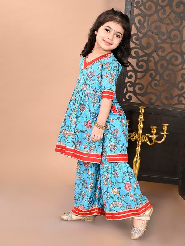 superminis Girls Cotton Floral Printed Gota Patti Work Half Sleeves Kurti and Sharara (6-12 Months, Blue) - Image 3