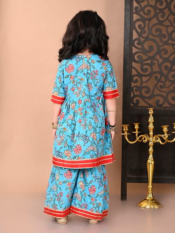 superminis Girls Cotton Floral Printed Gota Patti Work Half Sleeves Kurti and Sharara (6-12 Months, Blue) - Image 2