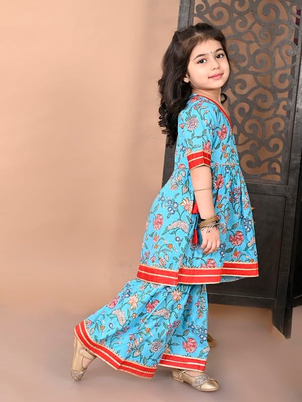 superminis Girls Cotton Floral Printed Gota Patti Work Half Sleeves Kurti and Sharara (6-12 Months, Blue) - Image 4