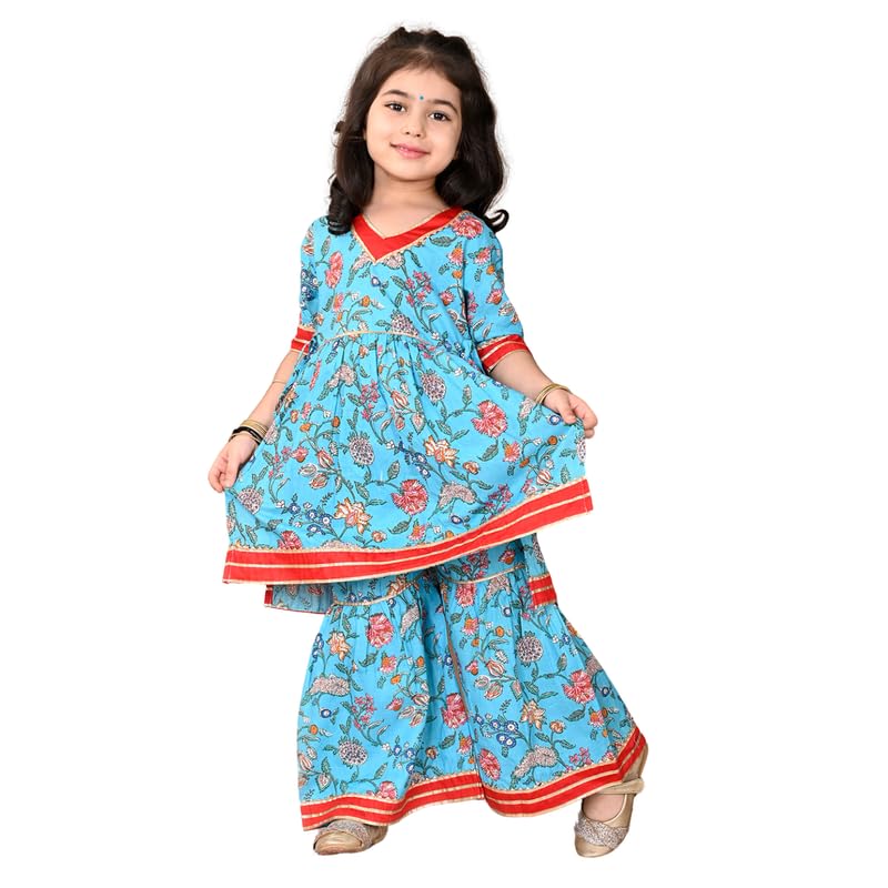 superminis Girls Cotton Floral Printed Gota Patti Work Half Sleeves Kurti and Sharara (6-12 Months, Blue) - Image 1