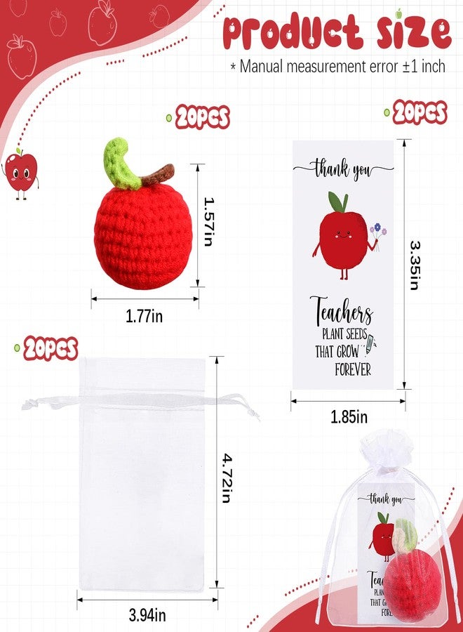 Sratte 20 Pack Teacher Appreciation Gifts Crochet Apple Thank You Teacher Card Set, Red Knitted Apple Appreciation Greeting Card and Drawstring Organza Bags for Teacher's Day Gift(Classic) - Image 2