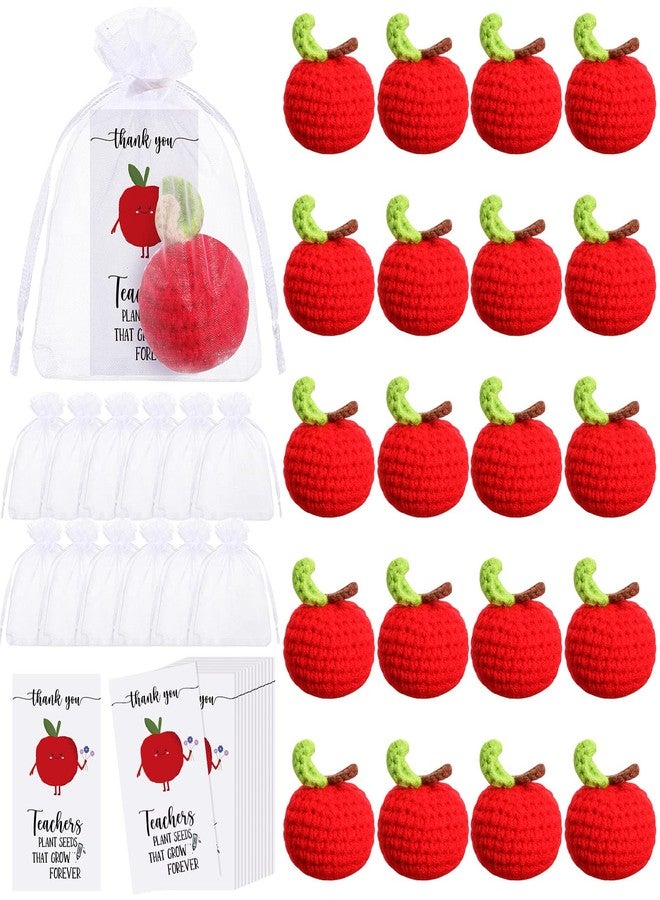 Sratte 20 Pack Teacher Appreciation Gifts Crochet Apple Thank You Teacher Card Set, Red Knitted Apple Appreciation Greeting Card and Drawstring Organza Bags for Teacher's Day Gift(Classic) - Image 1